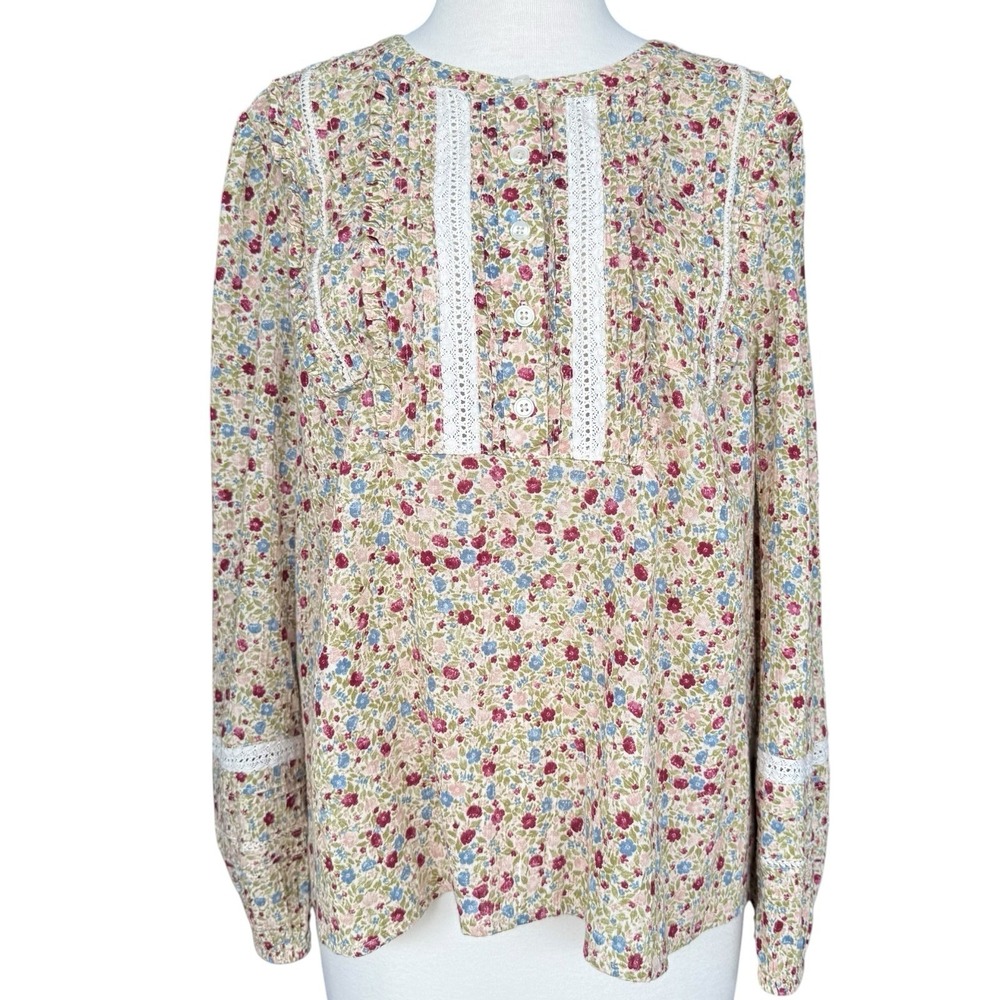 Wonderly By Anthropologie Floral Lace Trim Long Sleeve Blouse Women's Petite PXL